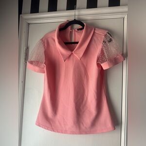 Unique Vintage Pink Collared Top with Sheer Polka Dot Sleeves – Size Large